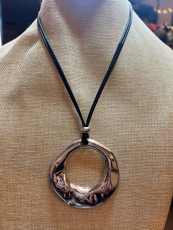 Jewelry - Silver Open Circle Pendant Necklace with Black Cord